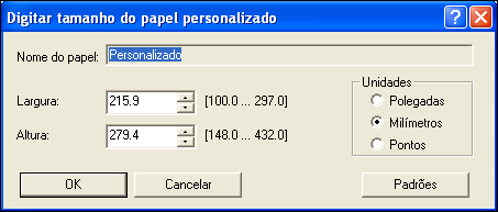 IMPRESSÃO 56 5 Selecione Personalizado no menu Tamanho do documento e clique em Personalizar. 6 Especifique as opções para definir o tamanho do papel personalizado.