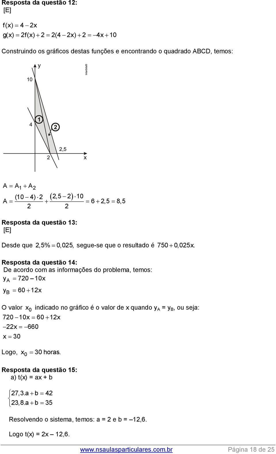 Resposta da questão 14: De acordo com as informações do problema, temos: y 720 10x A y 60 12x B O valor x 0 indicado no gráfico é o valor de x quando y A = y B, ou