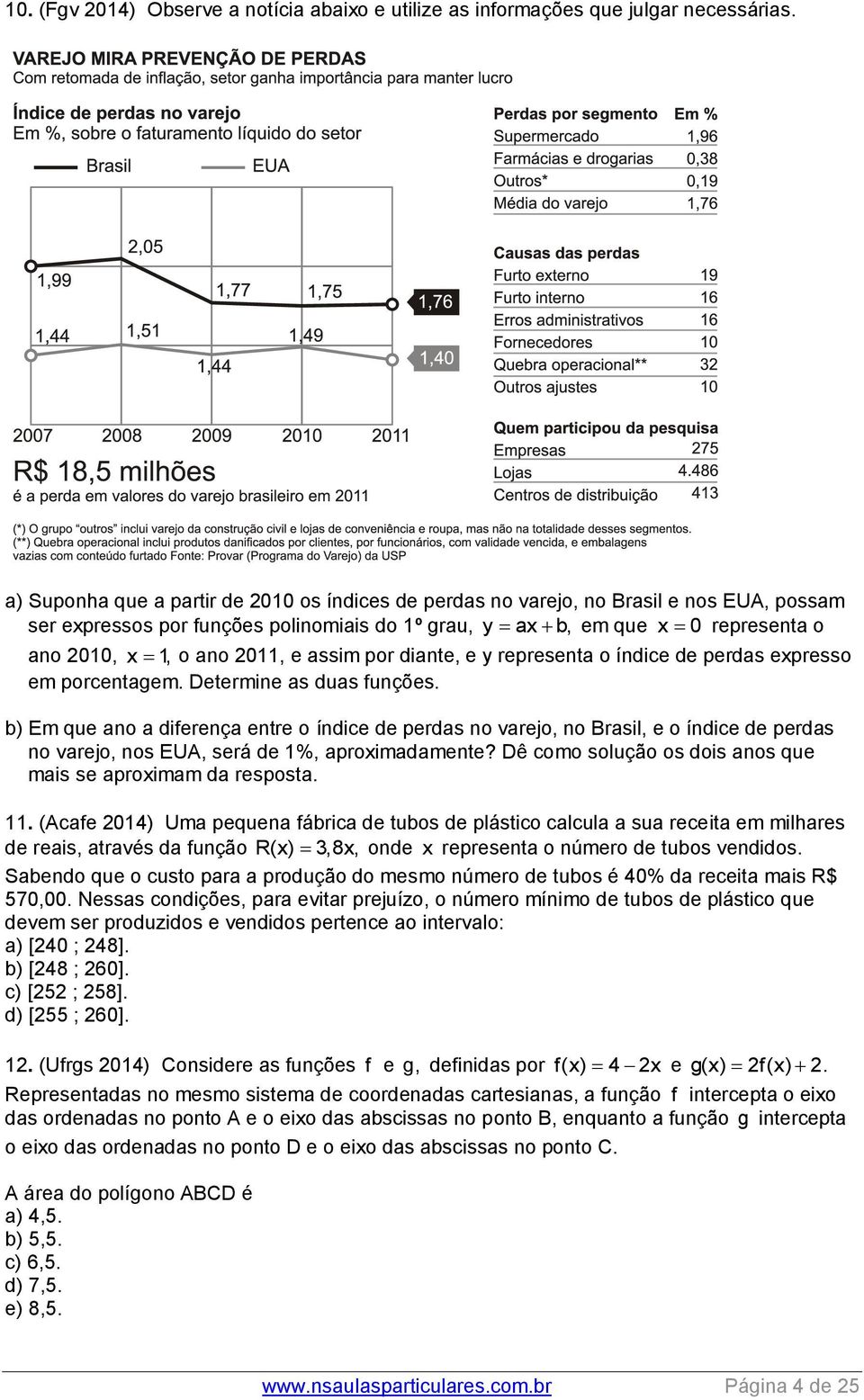 2011, e assim por diante, e y representa o índice de perdas expresso em porcentagem. Determine as duas funções.