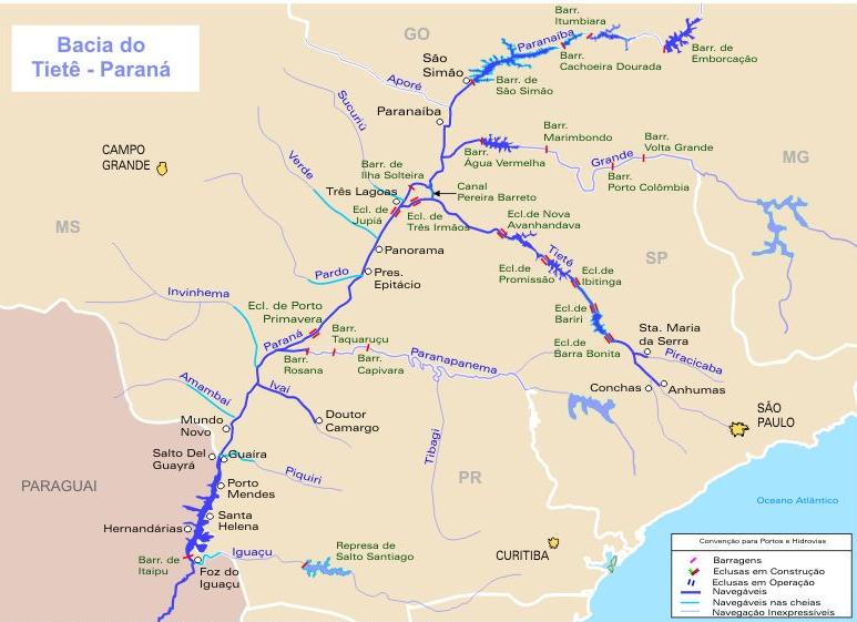 250 Km navegáveis, sendo 450 no rio Tietê, em SP, e 800 no rio Paraná, na divisa de SP com o MS e na fronteira do PR com o Paraguai e a Argentina; Os trechos navegados dos rios Paraná e Tietê são