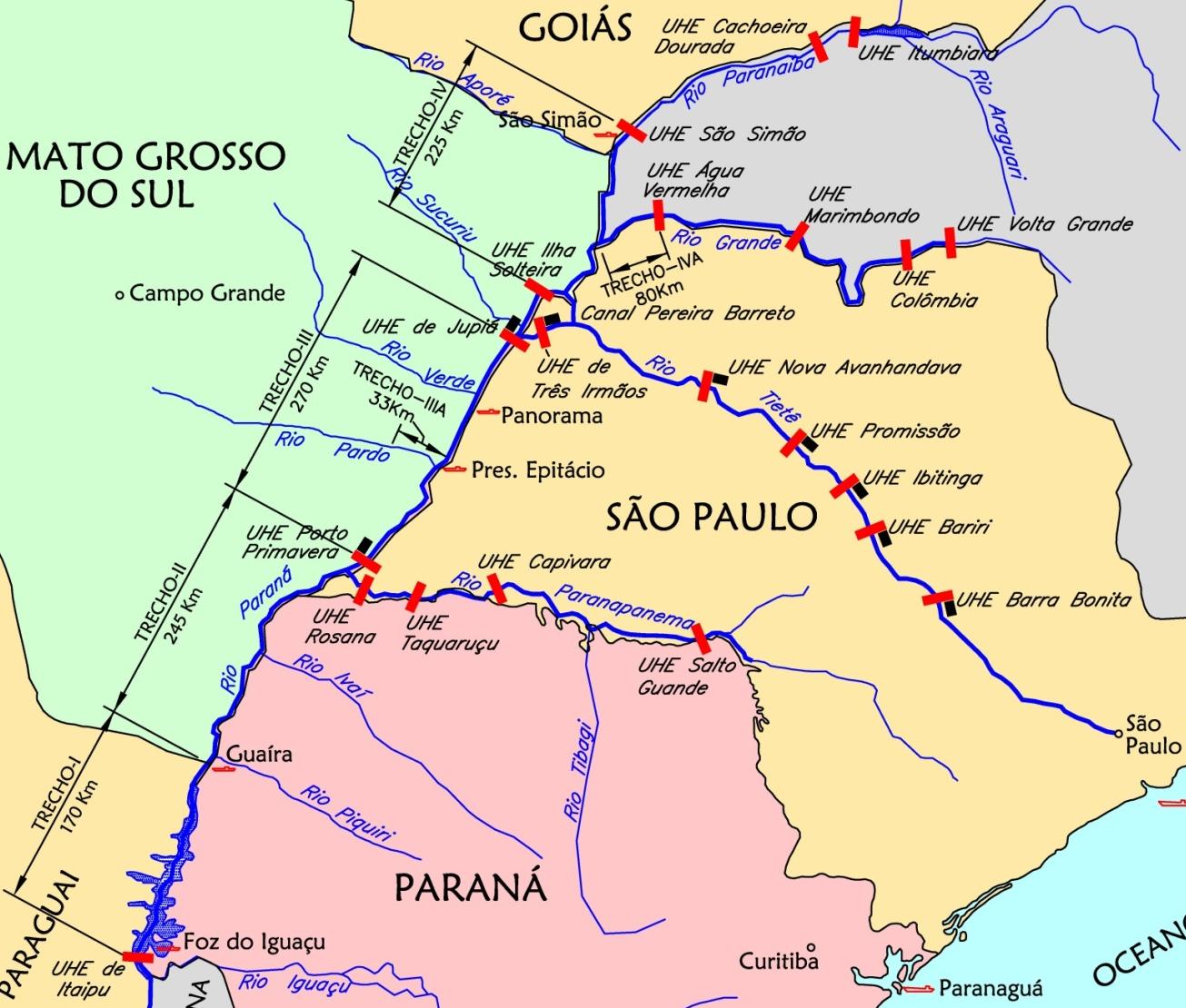 Caracterização das hidrovias Tietê-Paraná A lâmina d água garantida para a navegação é de 2,7m, o que faz com que as chatas não possam navegar com sua capacidade máxima Bacia do Tietê - Paraná Rio
