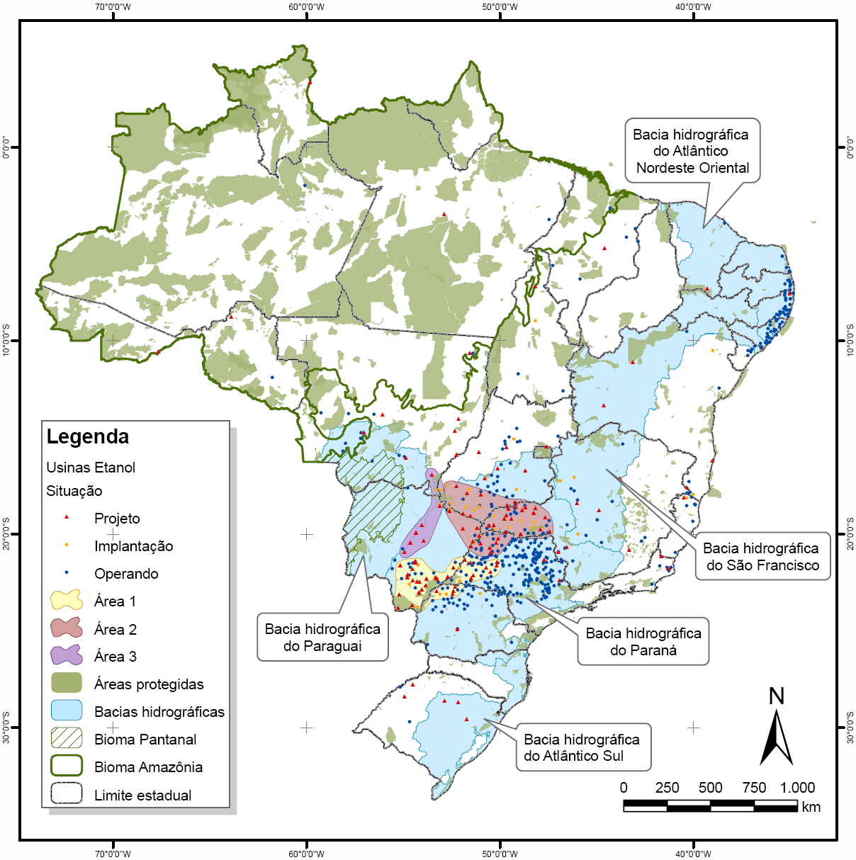 reduzida, drenadas com para o Pantanal predomínio e de de recarga agropecuária do aquífero Área Guarani) Área 1