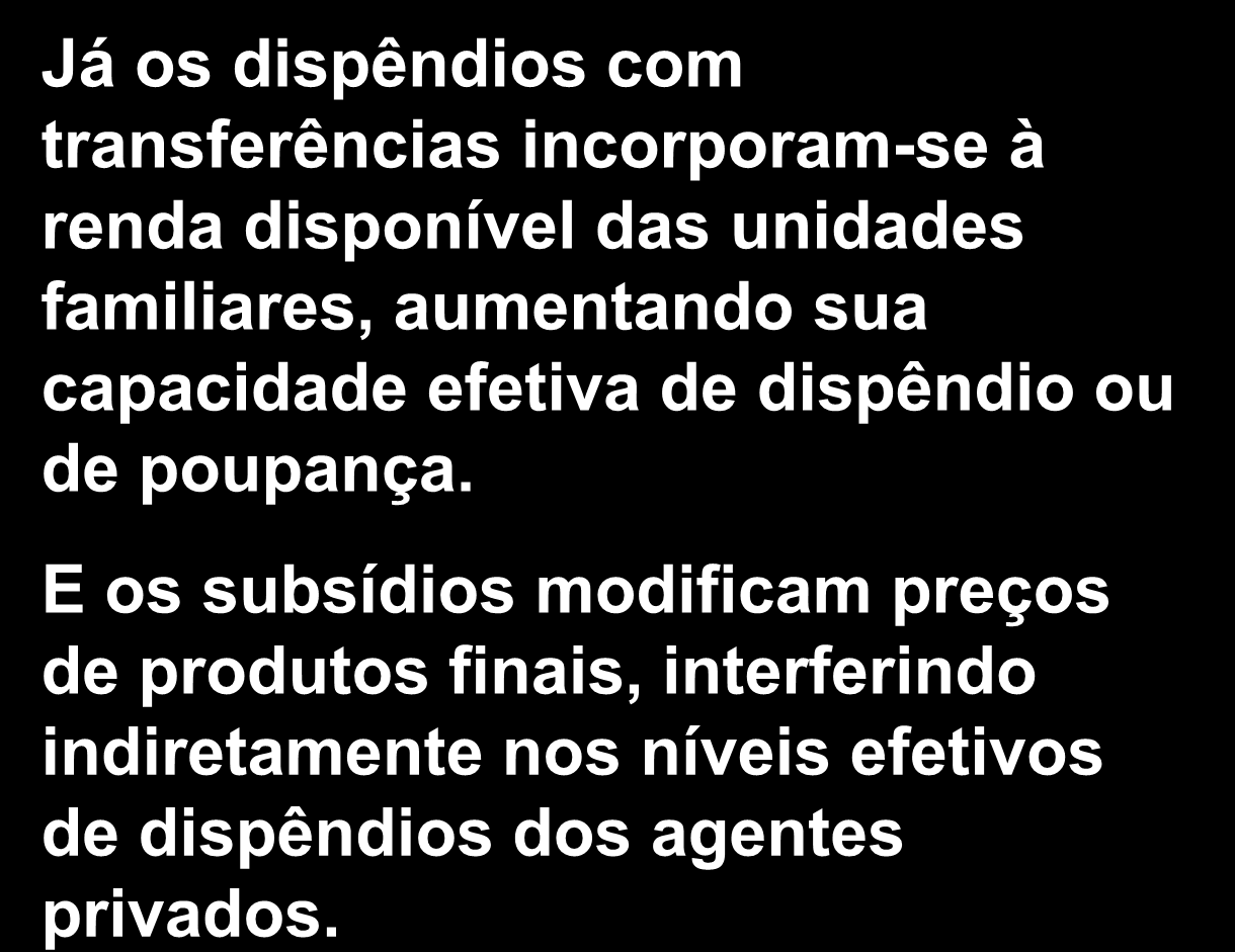 A Política Fiscal Já os dispêndios com transferências incorporam-se à renda disponível das unidades familiares, aumentando sua capacidade efetiva de