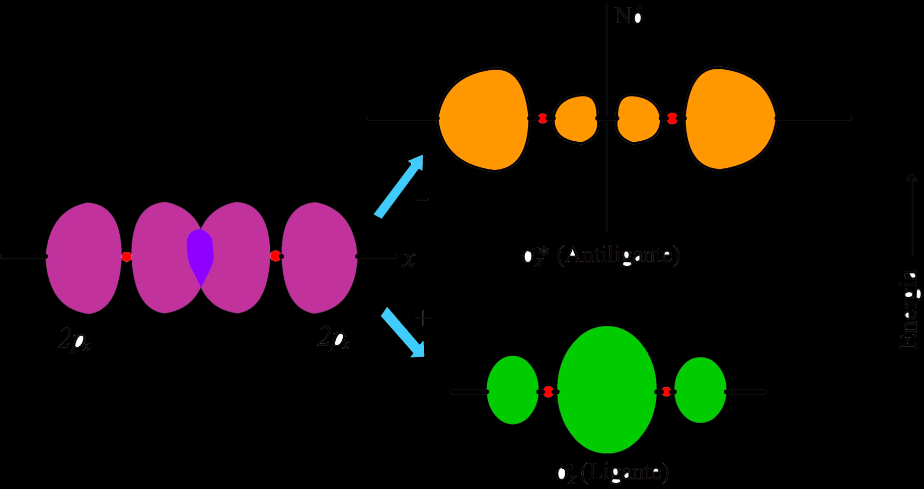 Combinação de 2 OAs p x para formar 2 OMs Dois OAs 2p x se sobrepõem formando um OM ligante (σ x ) e um OM antiligante (σ x *).