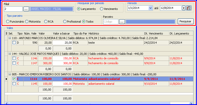 4. Baixar Vales Para a baixa de vales siga os procedimentos abaixo: 4.1 Acesse a rotina 614 - Controle de Vales e clique no botão Baixar Vales (Opção de baixa de vales de debito e/ou crédito); 4.