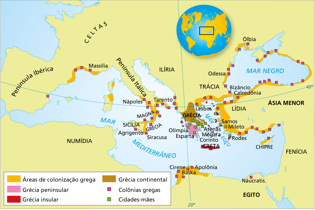 CARTOGRAFIA: ANDERSON DE ANDRADE PIMENTEL/FERNANDO JOSÉ FERREIRA Período arcaico (séculos VIII a.c.-vi a.c.) A COLONIZAÇÃO GREGA (750 a 550 a.c.) 220 KM Fonte: HILGEMANN, W.