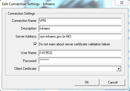A conexão VPN deverá ser configurada conforme figura abaixo: Server Address: vpn.infraero.gov.