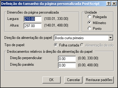 IMPRESSÃO 47 PARA EDITAR UM TAMANHO DE PÁGINA PERSONALIZADO COM O DRIVER DE IMPRESSORA POSTSCRIPT DO WINDOWS 2000/XP/SERVER 2003 1 Windows 2000: Clique em Iniciar, selecione Configurações e, em