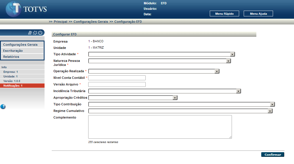 No menu Configurações Gerais selecione Configuração EFD.