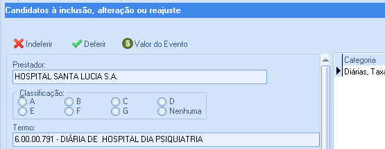 Cadastro de preço de Diárias, taxas e gases medicinais Tela de