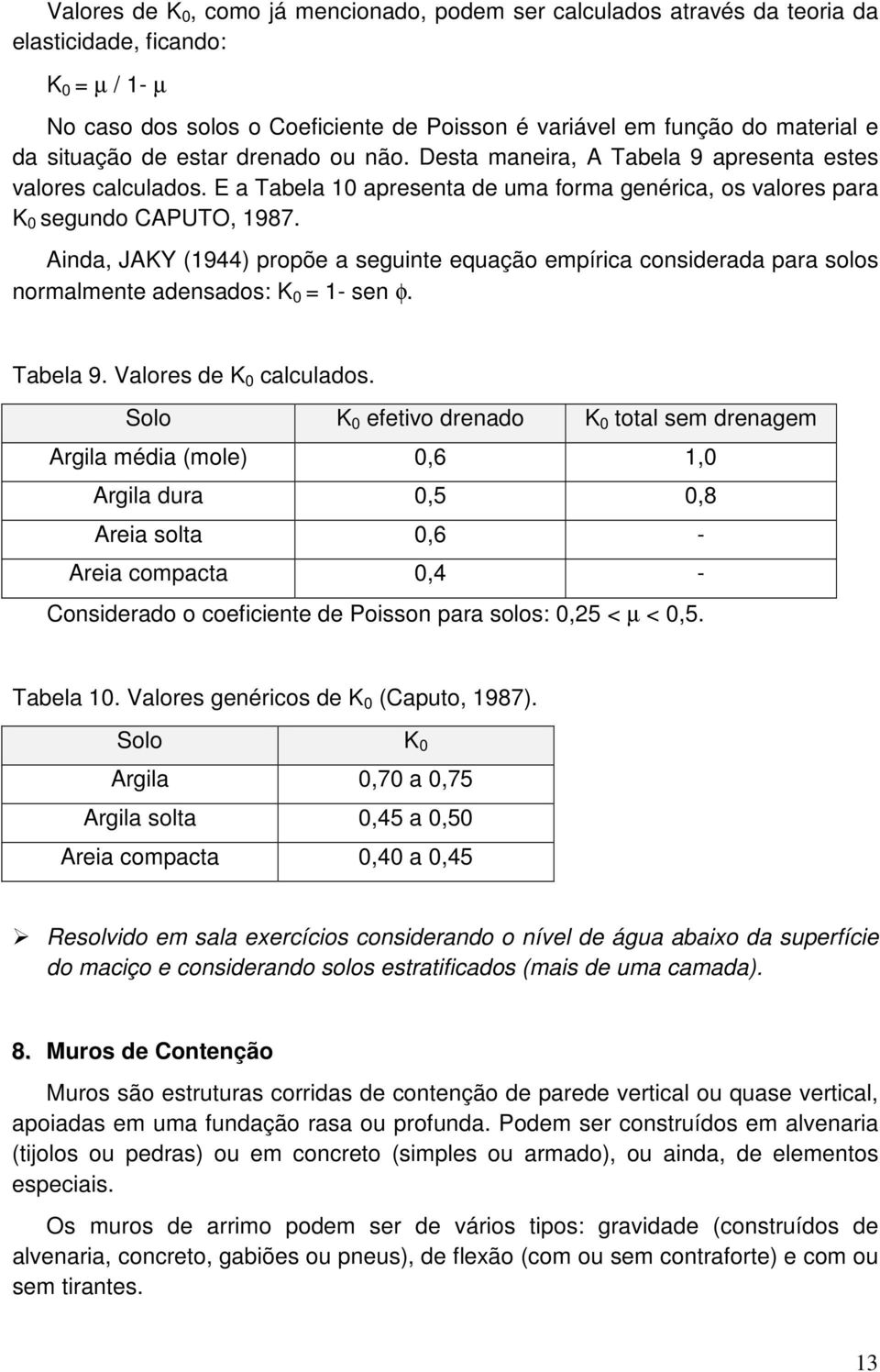 Ainda, JAKY (1944) propõe a seguinte equação empírica considerada para solos normalmente adensados: K 0 = 1- sen φ. Tabela 9. Valores de K 0 calculados.