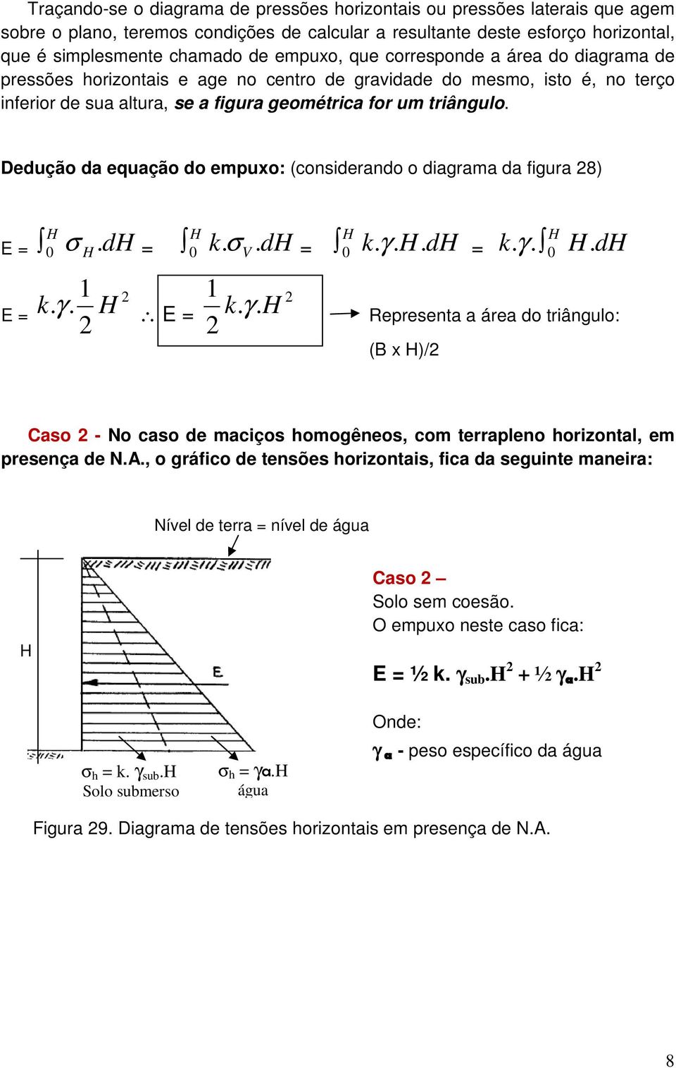 Dedução da equação do empuxo: (considerando o diagrama da figura 28) E = E = H H H H. dh = k.. dh = k.. H. dh = k γ.