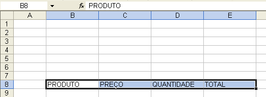 a)clique na célula B8 e digitar PRODUTO b)