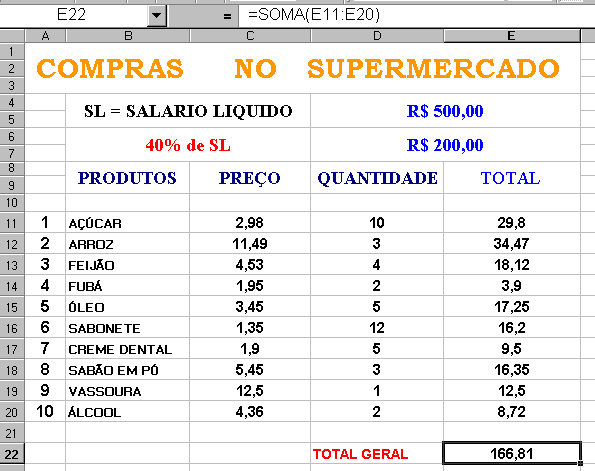 SELECIONE A CÉLULA E22 E DIGITE A