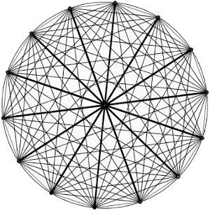 Se o desenho estivesse completo, ele seria um polígono regular composto por triângulos equiláteros não sobrepostos, com dois de seus vértices sobre um círculo, e formando um ângulo de 40, como