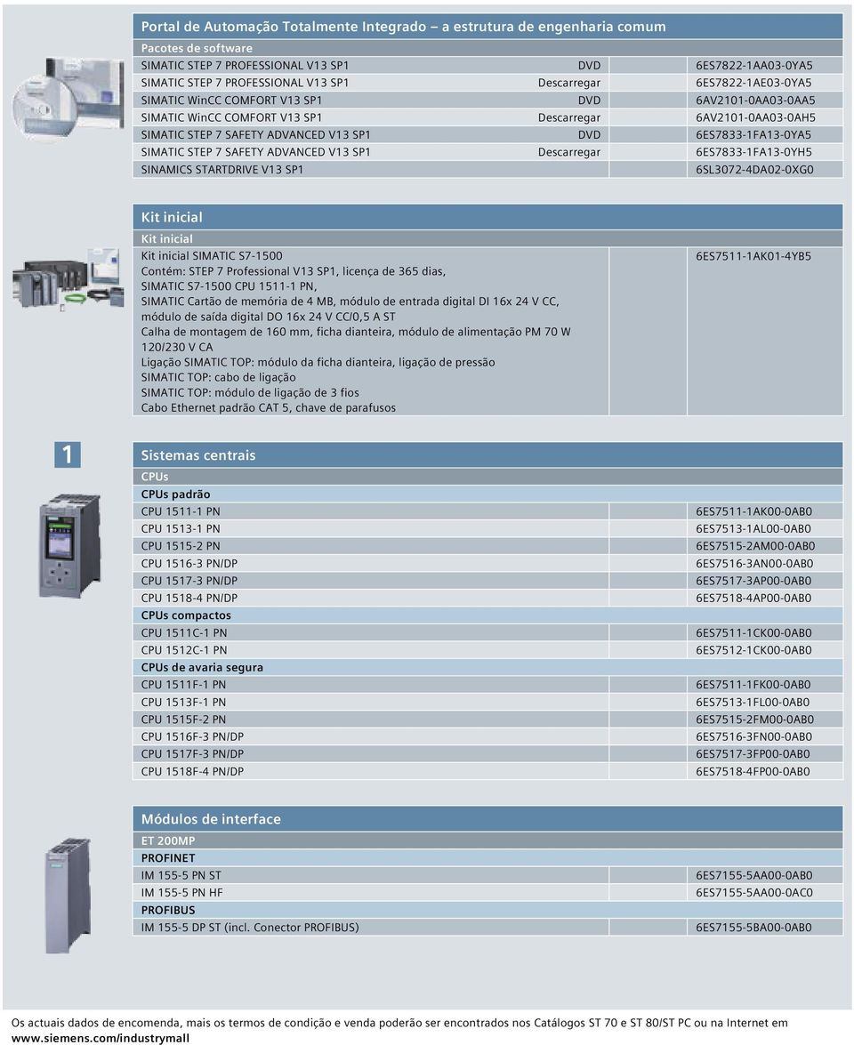 SIMATIC STEP 7 SAFETY ADVANCED V13 SP1 Descarregar 6ES7833-1FA13-0YH5 SINAMICS STARTDRIVE V13 SP1 6SL3072-4DA02-0XG0 Kit inicial Kit inicial Kit inicial SIMATIC S7-1500 Contém: STEP 7 Professional