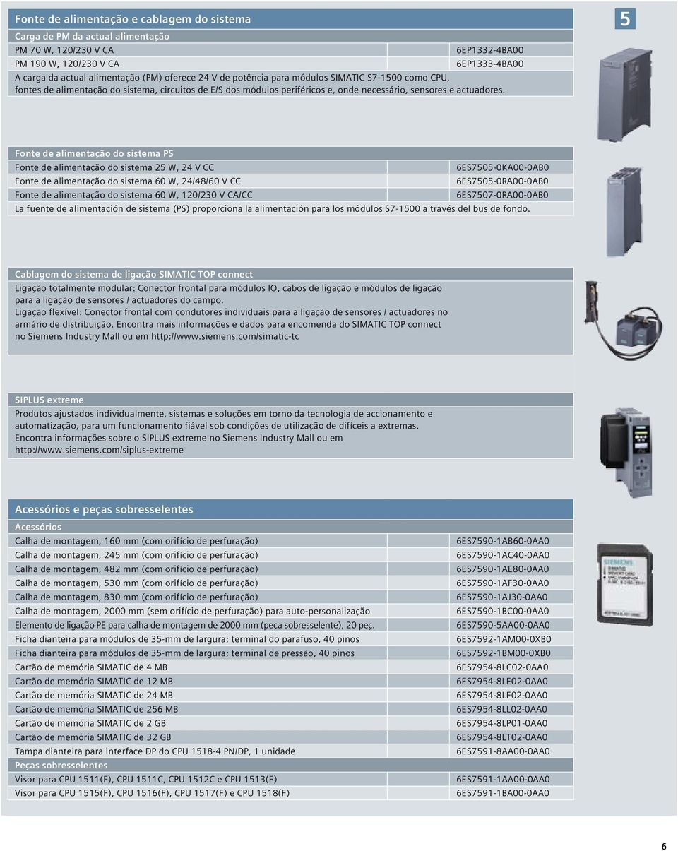 Fonte de alimentação do sistema PS Fonte de alimentação do sistema 25 W, 24 V CC 6ES7505-0KA00-0AB0 Fonte de alimentação do sistema 60 W, 24/48/60 V CC 6ES7505-0RA00-0AB0 Fonte de alimentação do