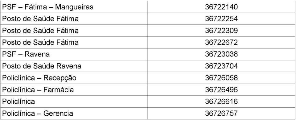 36723038 Posto de Saúde Ravena 36723704 Policlínica Recepção 36726058