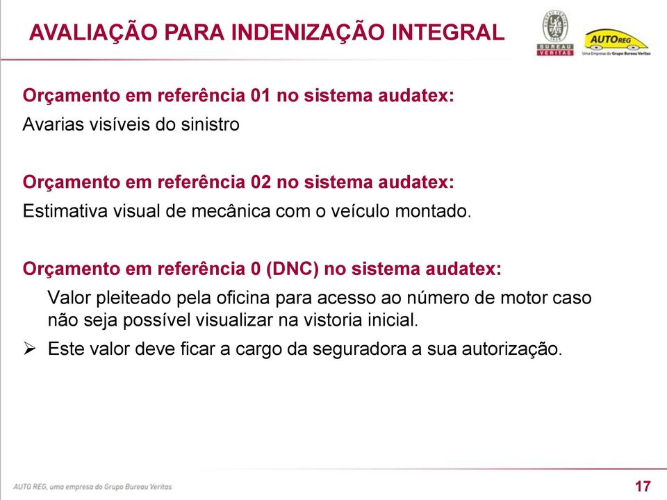 Orçamento em referência 0 (DNC) no sistema audatex: Valor pleiteado pela oficina para acesso ao número de