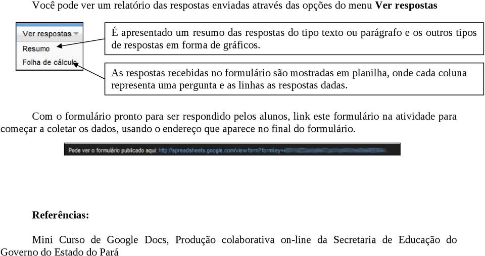 As respostas recebidas no formulário são mostradas em planilha, onde cada coluna representa uma pergunta e as linhas as respostas dadas.