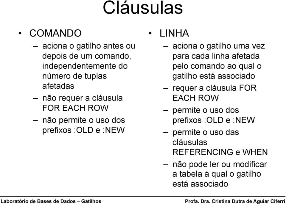 linha afetada pelo comando ao qual o gatilho está associado requer a cláusula FOR EACH ROW permite o uso dos prefixos