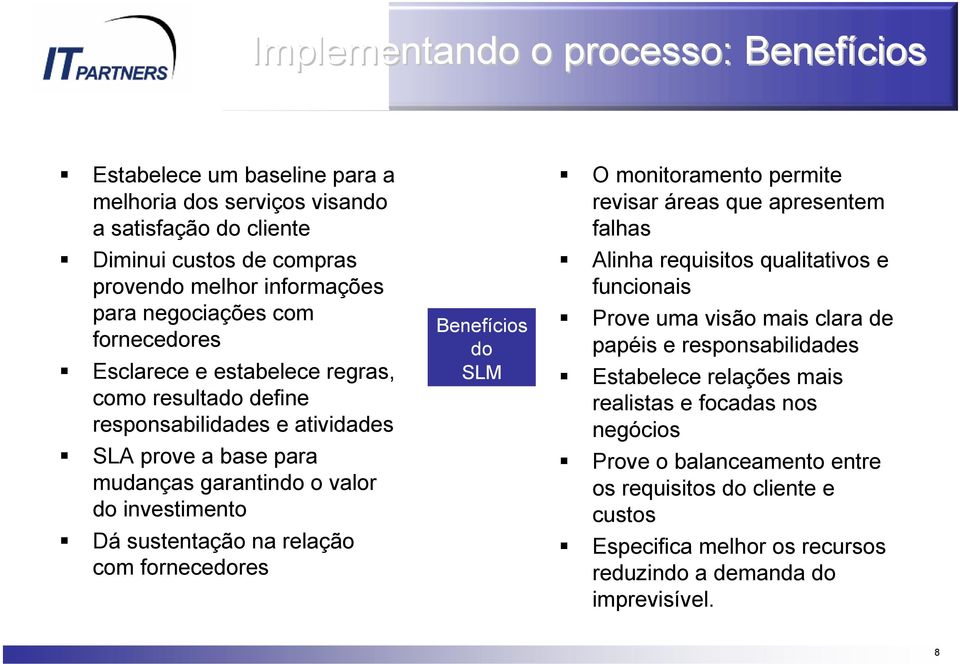 com fornecedores Benefícios do SLM O monitoramento permite revisar áreas que apresentem falhas Alinha requisitos qualitativos e funcionais Prove uma visão mais clara de papéis e