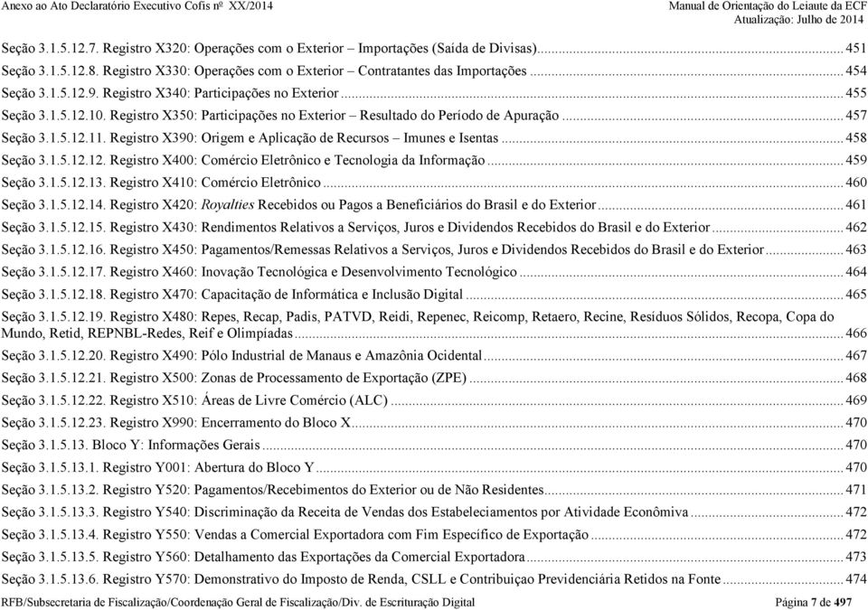 Registro X390: Origem e Aplicação de Recursos Imunes e Isentas... 458 Seção 3.1.5.12.12. Registro X400: Comércio Eletrônico e Tecnologia da Informação... 459 Seção 3.1.5.12.13.