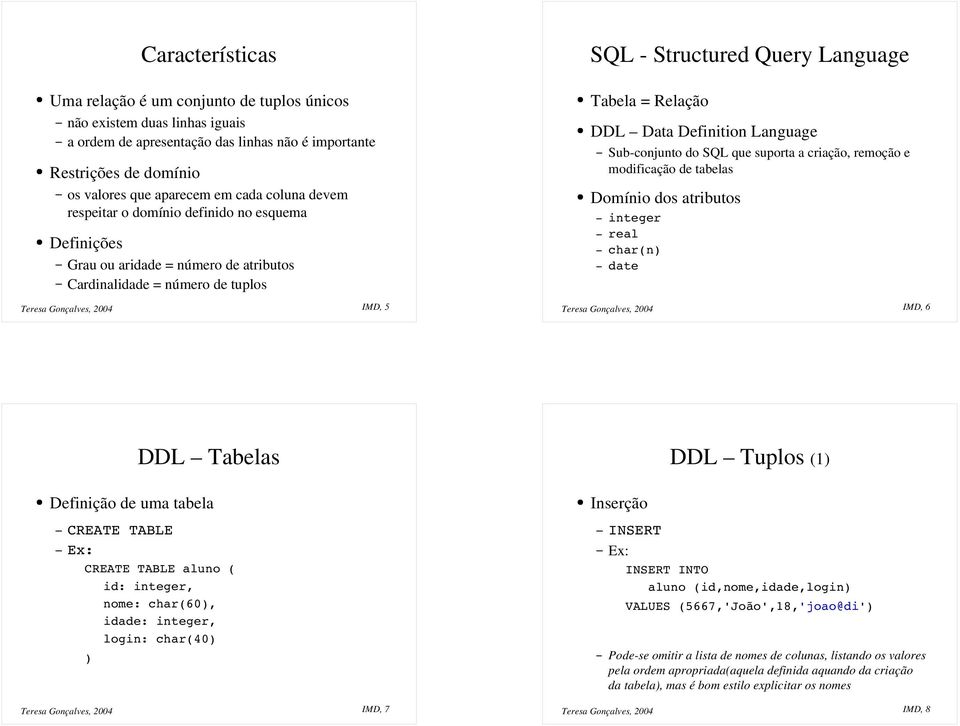 Tabela = Relação DDL Data Definition Language Sub-conjunto do SQL que suporta a criação, remoção e modificação de tabelas Domínio dos atributos integer real char(n date Teresa Gonçalves, 2004 IMD, 6