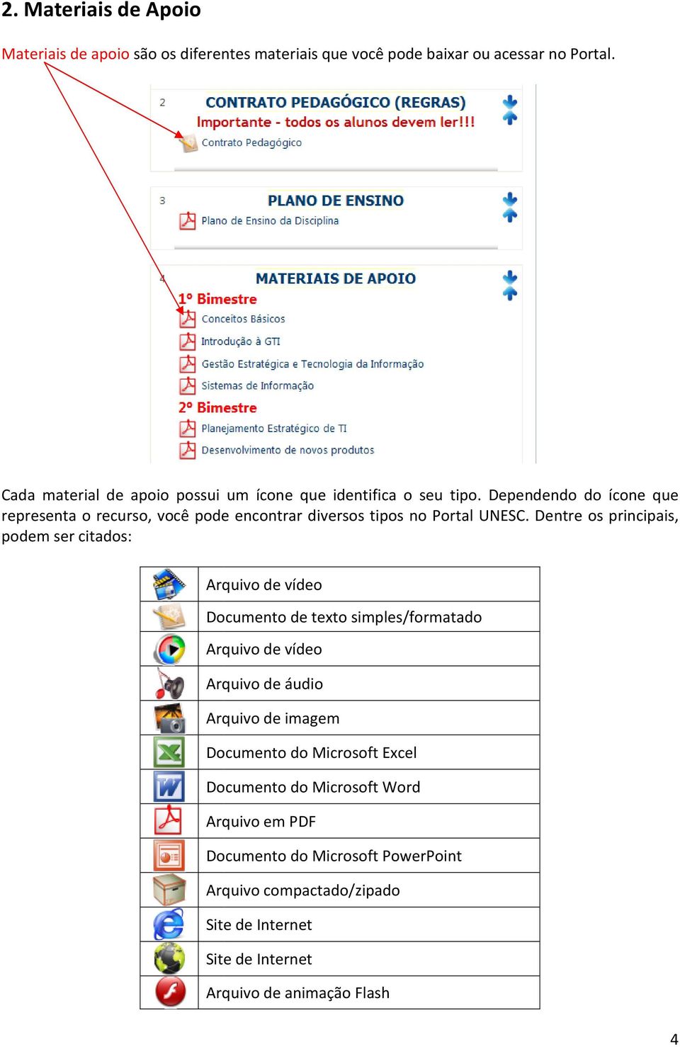 Dependendo do ícone que representa o recurso, você pode encontrar diversos tipos no Portal UNESC.