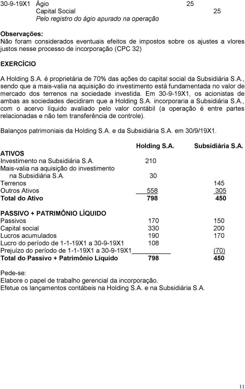 , sendo que a mais-valia na aquisição do investimento está fundamentada no valor de mercado dos terrenos na sociedade investida. Em 30-9-19X1, os acionistas de ambas as sociedades decidiram que a.