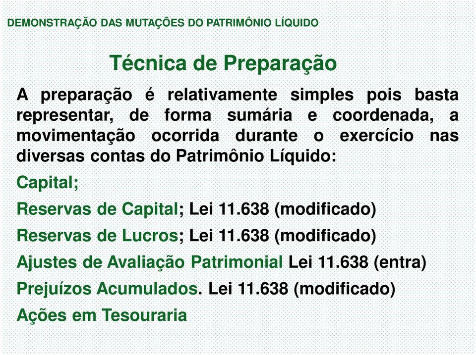 Capital; Reservas de Capital; Lei 11.638 (modificado) Reservas de Lucros; Lei 11.