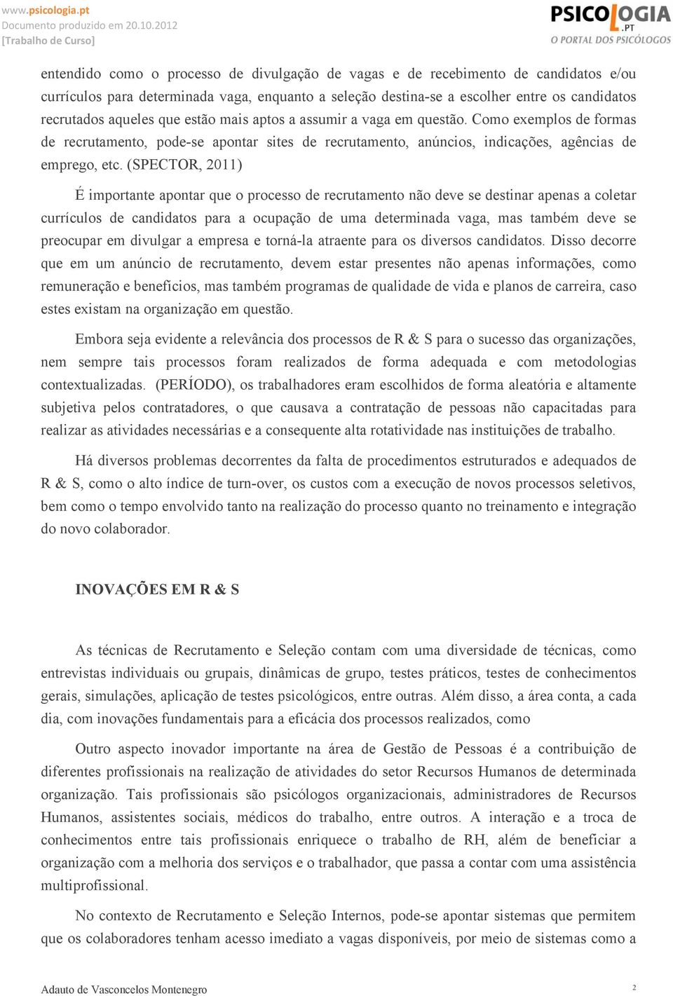 (SPECTOR, 2011) É importante apontar que o processo de recrutamento não deve se destinar apenas a coletar currículos de candidatos para a ocupação de uma determinada vaga, mas também deve se