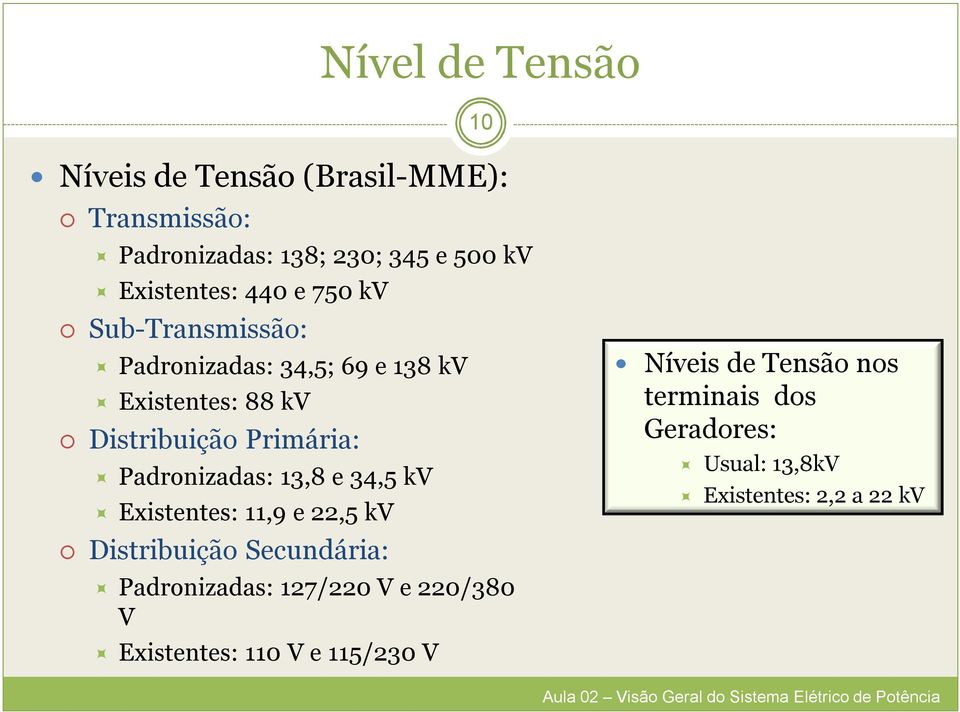 Padronizadas: 13,8 e 34,5 kv Existentes: 11,9 e 22,5 kv Distribuição Secundária: Padronizadas: 127/220 V e