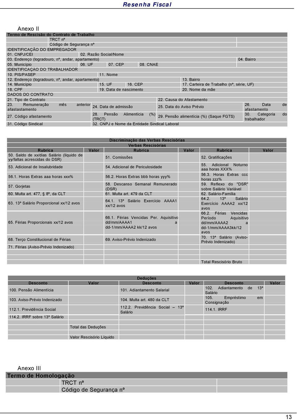 Carteira de Trabalho (nº, série, UF) 18. CPF 19. Data de nascimento 20. Nome da mãe DADOS DO CONTRATO 21. Tipo de Contrato 22. Causa do Afastamento 23. Remuneração mês anterior 24.