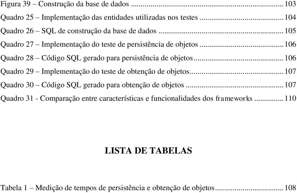 .. 106 Quadro 28 Código SQL gerado para persistência de objetos... 106 Quadro 29 Implementação do teste de obtenção de objetos.