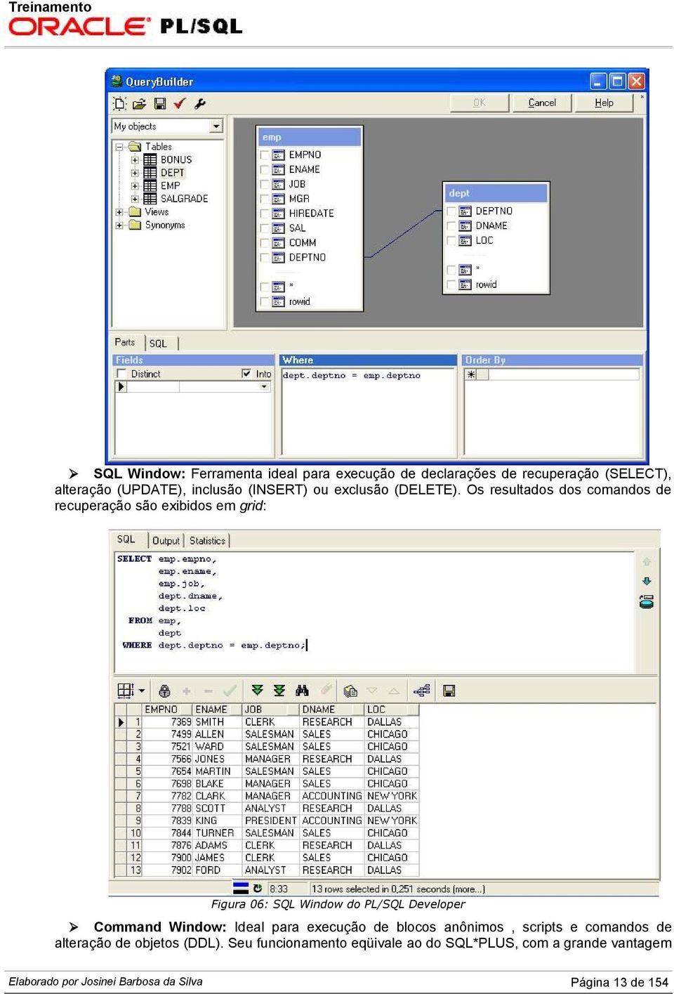 Os resultados dos comandos de recuperação são exibidos em grid: Figura 06: SQL Window do PLSQL Developer