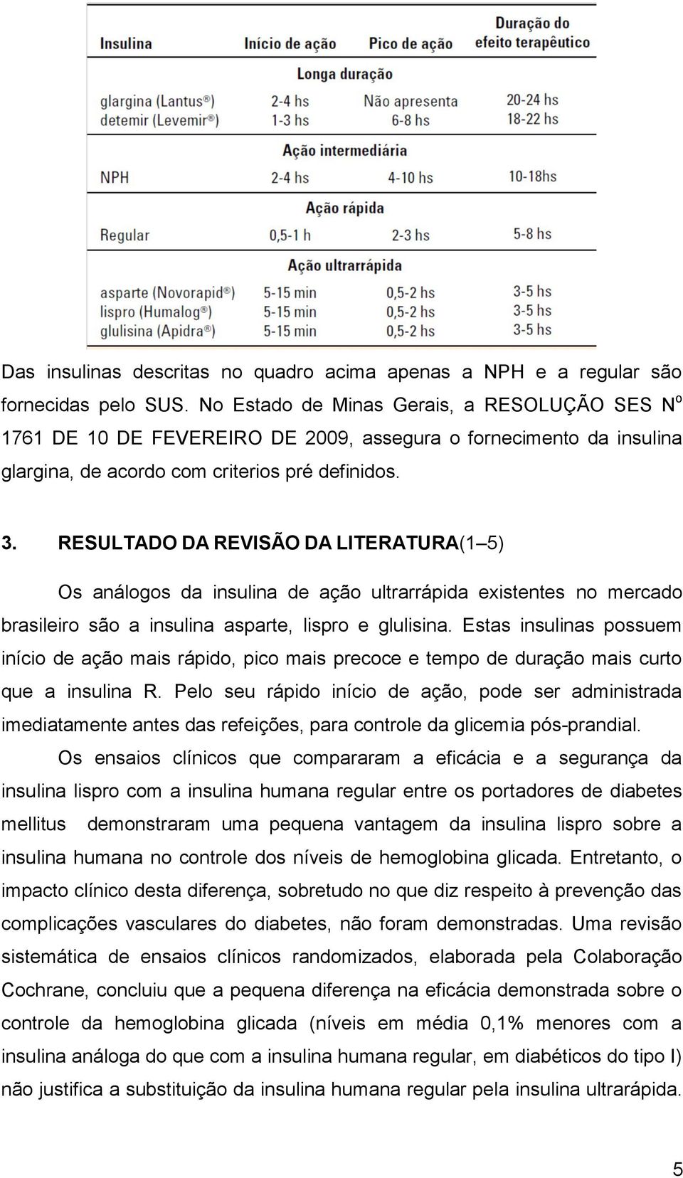RESULTADO DA REVISÃO DA LITERATURA(1 5) Os análogos da insulina de ação ultrarrápida existentes no mercado brasileiro são a insulina asparte, lispro e glulisina.