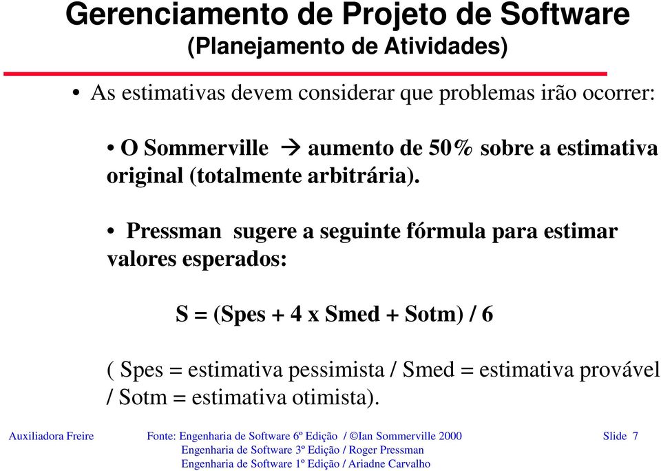 Pressman sugere a seguinte fórmula para estimar valores esperados: S = (Spes + 4 x Smed + Sotm) / 6 ( Spes =