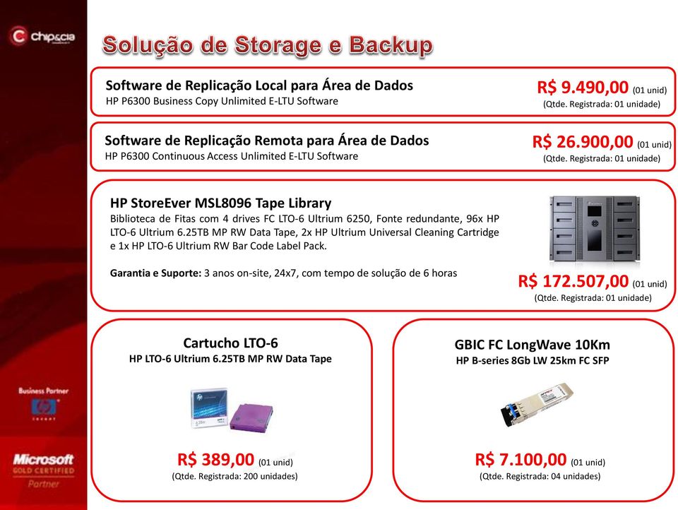 25TB MP RW Data Tape, 2x HP Ultrium Universal Cleaning Cartridge e 1x HP LTO-6 Ultrium RW Bar Code Label Pack. Garantia e Suporte: 3 anos on-site, 24x7, com tempo de solução de 6 horas R$ 172.