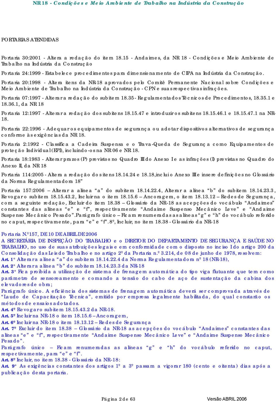 Portaria 20:1998 - Altera itens da NR-18 aprovados pelo Comitê Permanente Nacional sobre Condições e Meio Ambiente de Trabalho na Indústria da Construção - CPN e suas respectivas infrações.