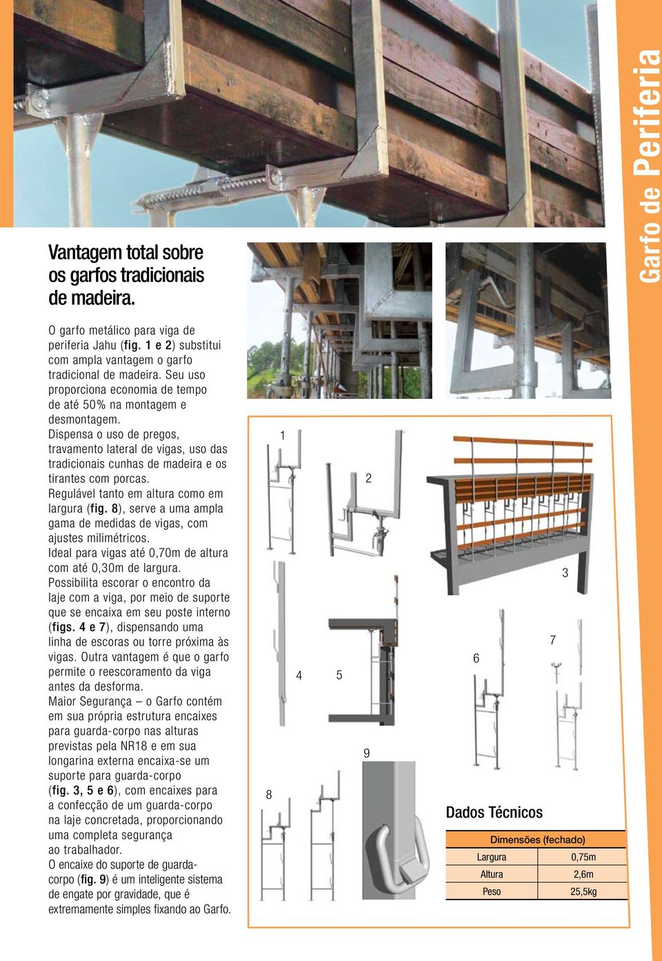 Regulável tanto em altura como em largura (fig. 8), serve a uma ampla gama de medidas de vigas, com ajustes milimétricos. Ideal para vigas até 0,70m de altura com até 0,30m de largura.