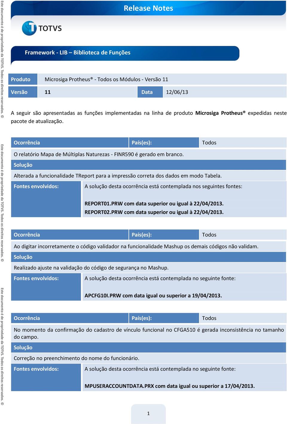 Alterada a funcionalidade TReport para a impressão correta dos dados em modo Tabela. REPORT01.PRW com data superior ou igual à 22/04/2013.