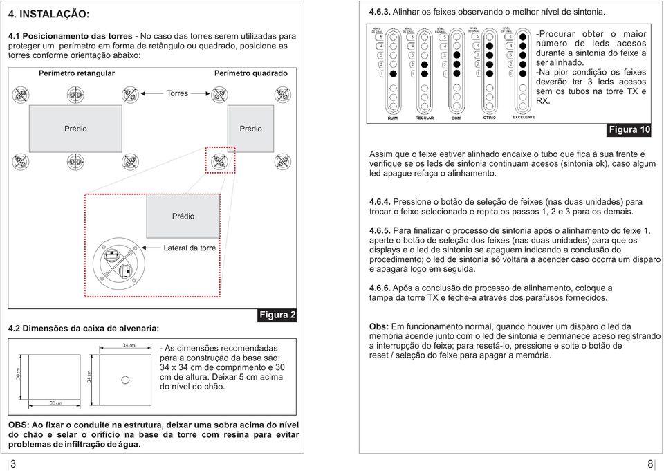 Torres Perímetro quadrado 4.6.3. Alinhar os feixes observando o melhor nível de sintonia. -Procurar obter o maior número de leds acesos durante a sintonia do feixe a ser alinhado.