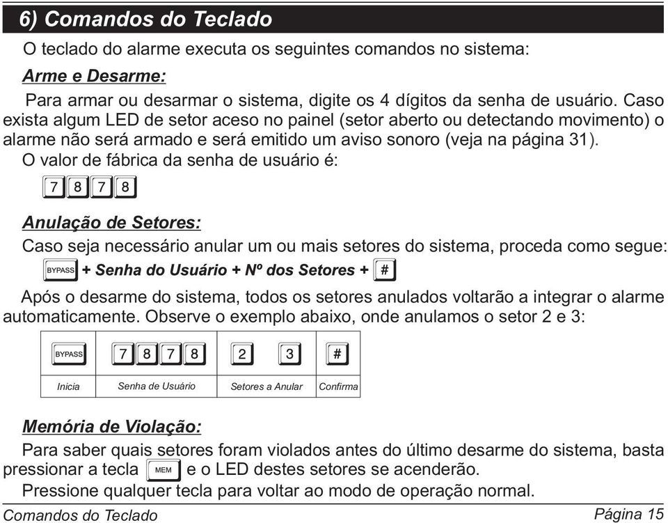 O valor de fábrica da senha de usuário é: Anulação de Setores: Caso seja necessário anular um ou mais setores do sistema, proceda como segue: Após o desarme do sistema, todos os setores anulados