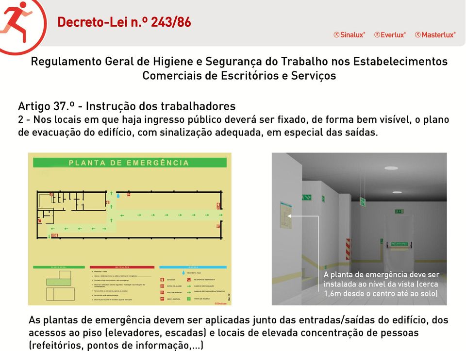 sinalização adequada, em especial das saídas.