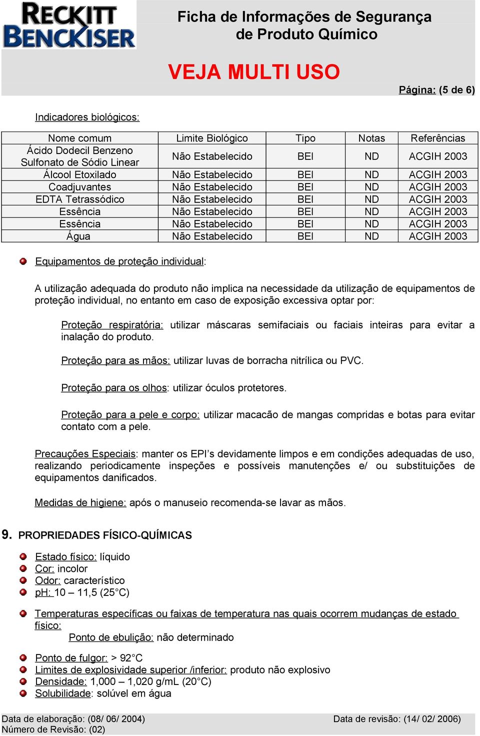 Estabelecido BEI ND ACGIH 2003 Água Não Estabelecido BEI ND ACGIH 2003 Equipamentos de proteção individual: A utilização adequada do produto não implica na necessidade da utilização de equipamentos