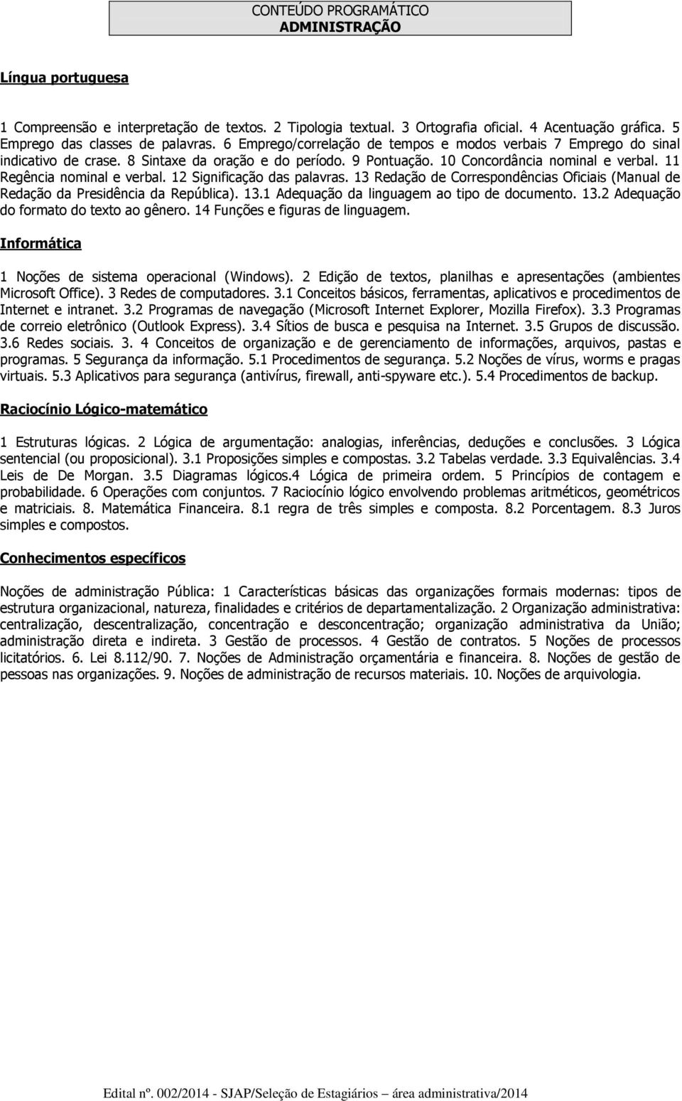 12 Significação das palavras. 13 Redação de Correspondências Oficiais (Manual de Redação da Presidência da República). 13.1 Adequação da linguagem ao tipo de documento. 13.2 Adequação do formato do texto ao gênero.