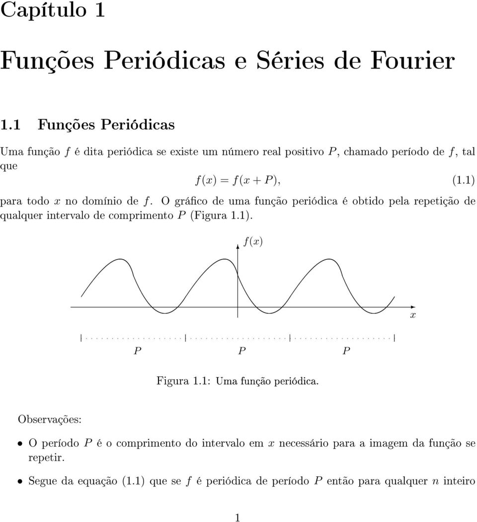 1) para todo x no domínio de f. O gráco de uma função periódica é obtido pela repetição de qualquer intervalo de comprimento P (Figura 1.1). f(x) x Observações: P P P Figura 1.