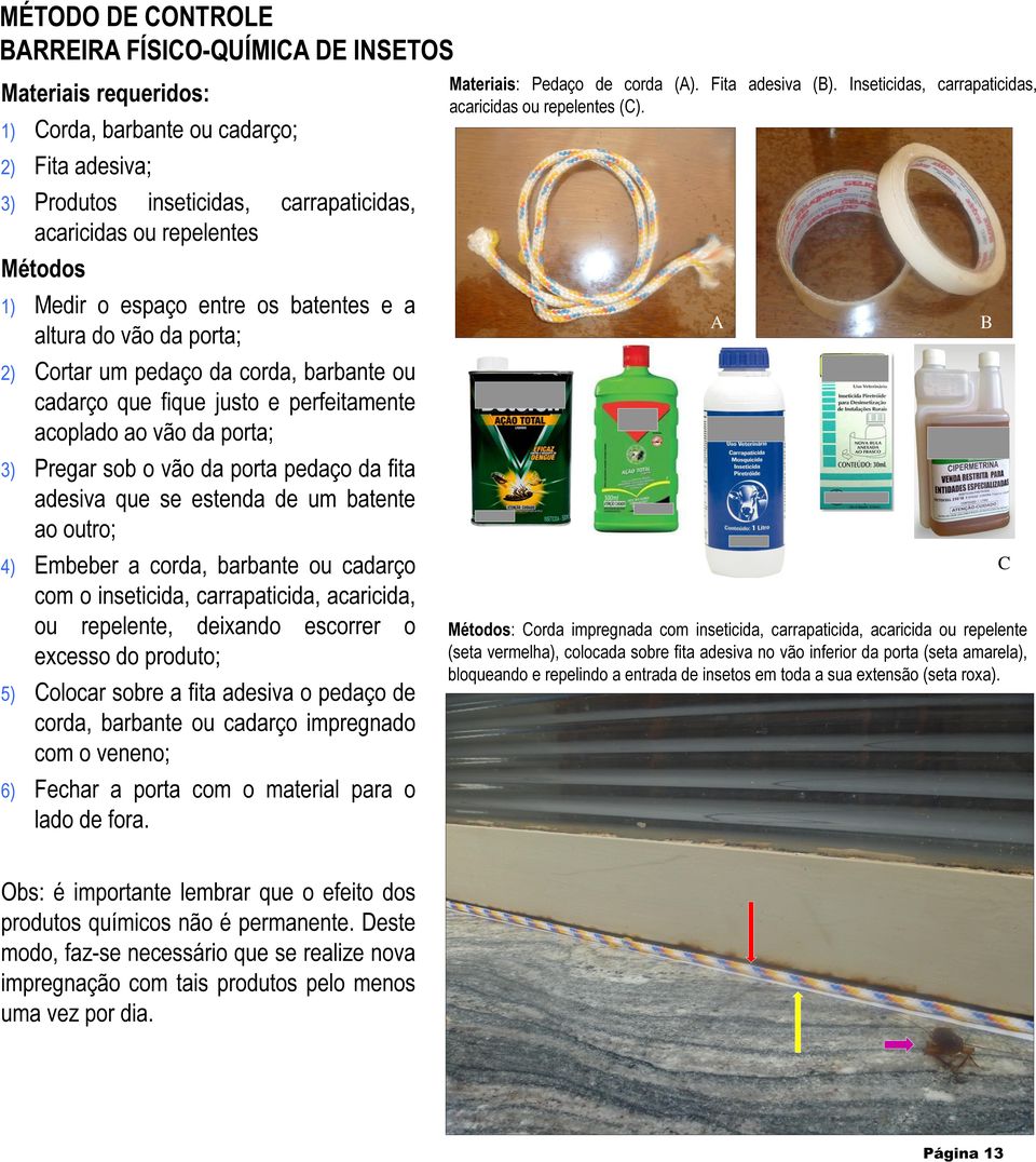 porta pedaço da fita adesiva que se estenda de um batente ao outro; 4) Embeber a corda, barbante ou cadarço com o inseticida, carrapaticida, acaricida, ou repelente, deixando escorrer o excesso do