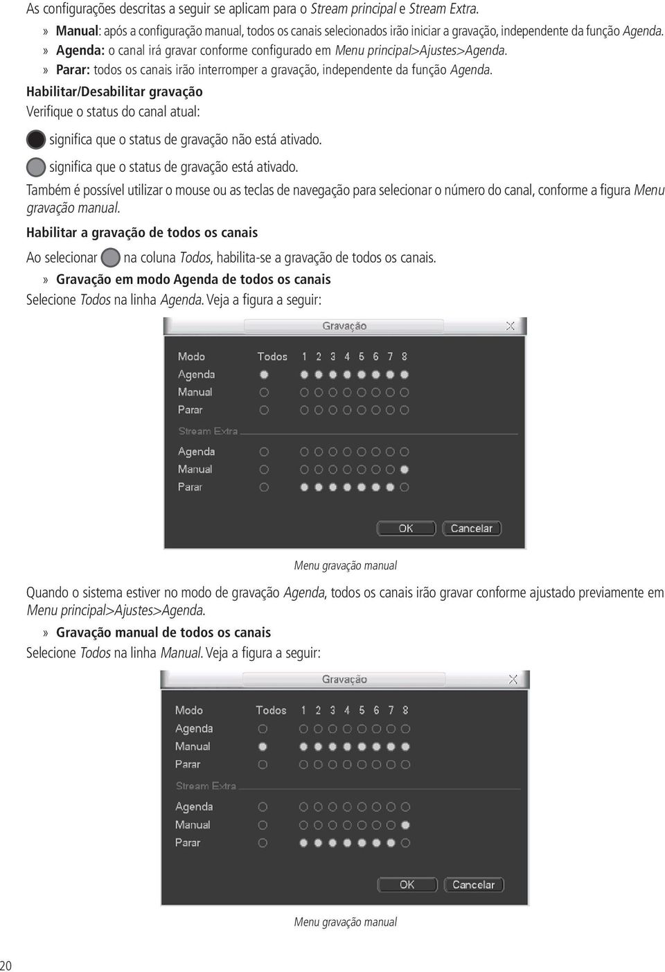 Agenda: o canal irá gravar conforme configurado em Menu principal>ajustes>agenda. Parar: todos os canais irão interromper a gravação, independente da função Agenda.